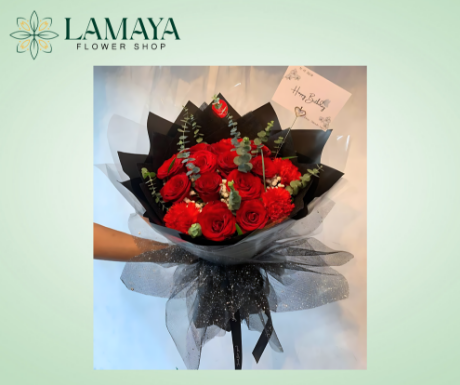 Picture of 1 Dozen China Rose with Half Dozen Carnation
